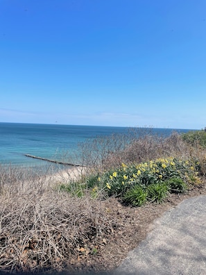 Un paisaje costero con cielo despejado, una masa de agua y un sendero que lleva a una playa.