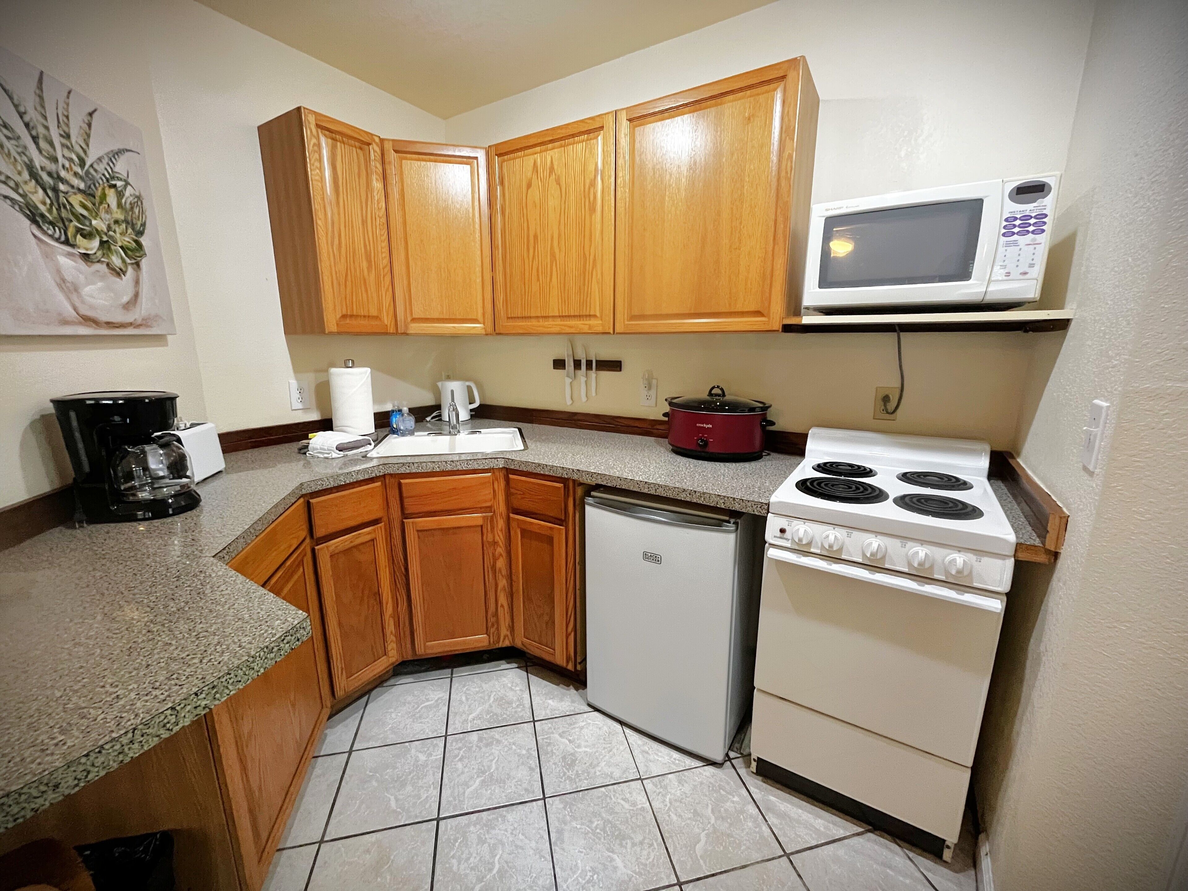 Coffee/tea maker, fridge, microwave, oven