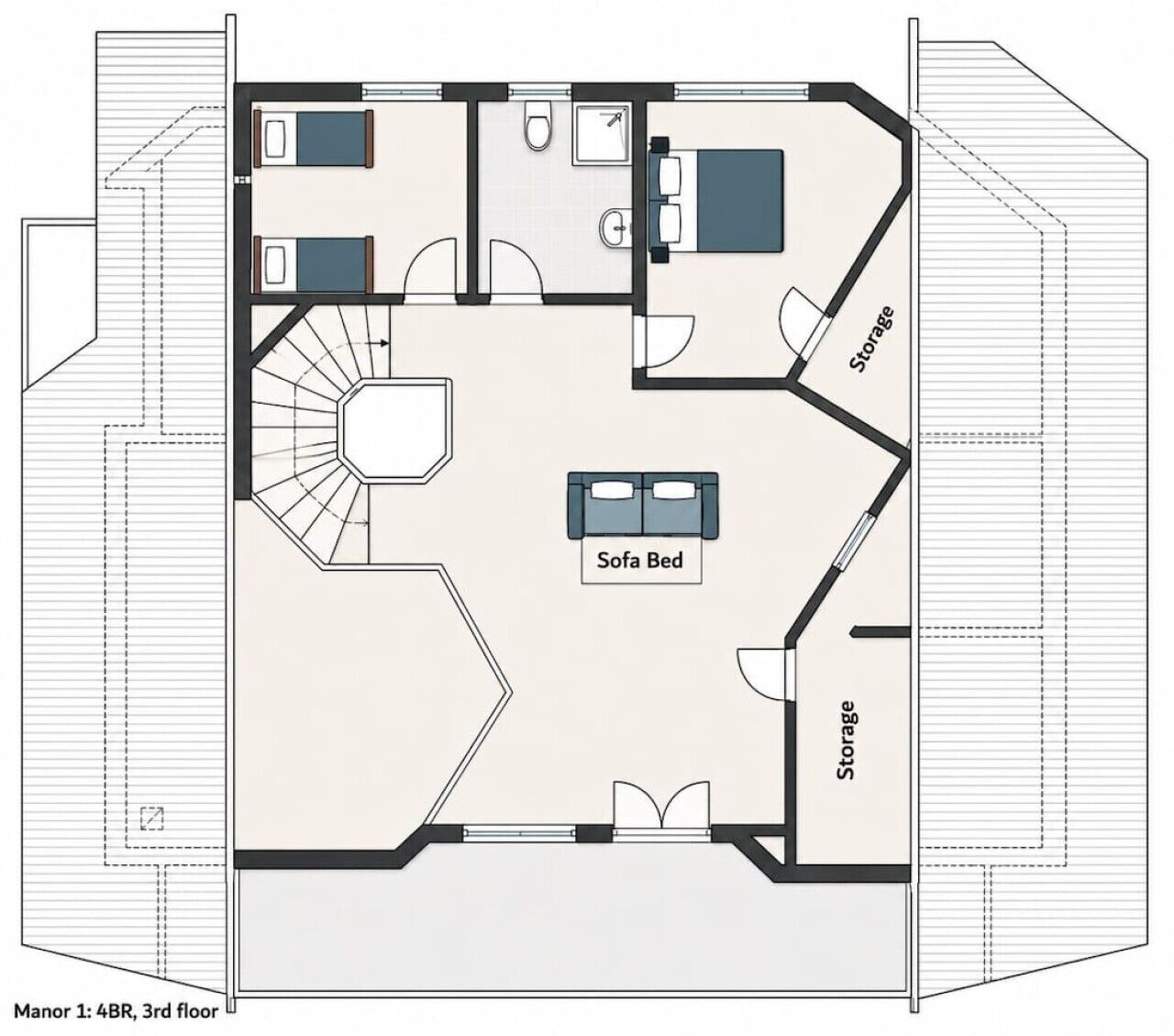 Grundriss einer 4-Zimmer-Wohnung im 3. Stock mit Schlafsofa, Stauraum und einer Treppe.