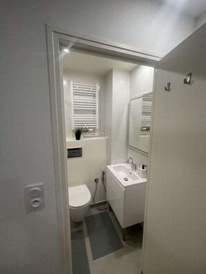 Een kleine badkamer met toilet, wastafel en handdoekhouder.