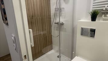 Shower, hair dryer, bidet, towels