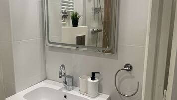 Shower, hair dryer, bidet, towels