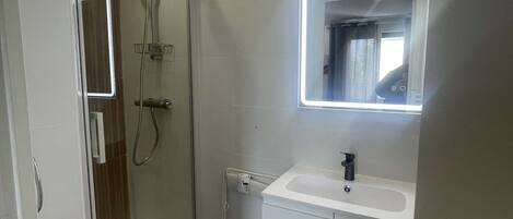 Shower, hair dryer, bidet, towels