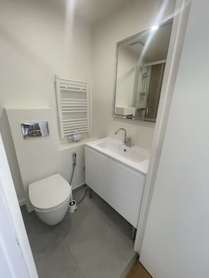 Een badkamer met toilet, wastafel, spiegel en een handdoekrek.