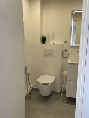 Een kleine, schone badkamer met toilet, douche, wastafel en spiegel.