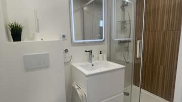 Shower, hair dryer, bidet, towels