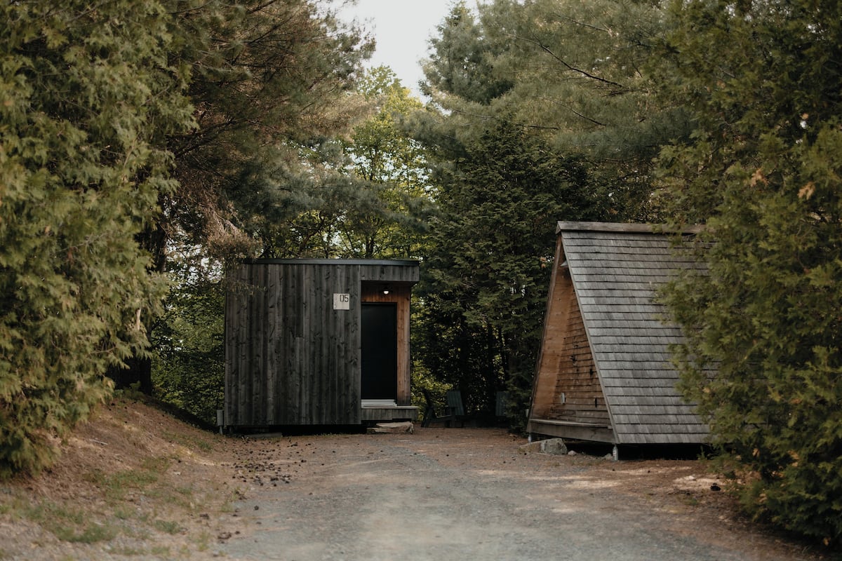 A rustic cabin with a small porch and a door, surrounded by dense forest.
