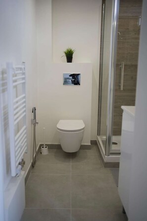 Ein modernes Badezimmer mit Toilette, Duschkabine und einer kleinen Topfpflanze an der Wand.