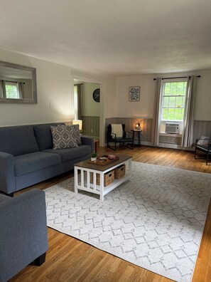 Ein Wohnzimmer mit grauem Sofa, weißem Couchtisch und einem gemusterten Teppich.