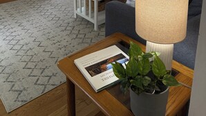 A living room with a sofa, a coffee table with a book and a plant, a TV mounted on the wall, and a window with curtains. - Spacious Family Getaway Near Sunapee & Dartmouth (Croydon)