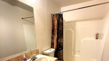 Shower, towels, soap, toilet paper