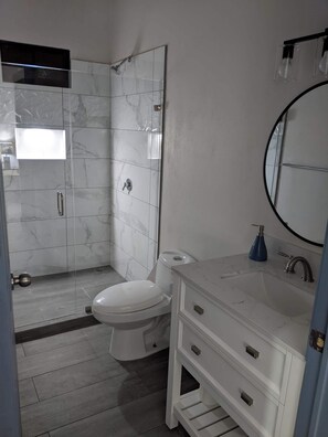 A bathroom with a toilet, a shower enclosure, a sink with a mirror, and a bottle of soap. - Blue Morpho Casita Private Pool & Volcano View minutes from downtown La Fortuna  (La Fortuna)