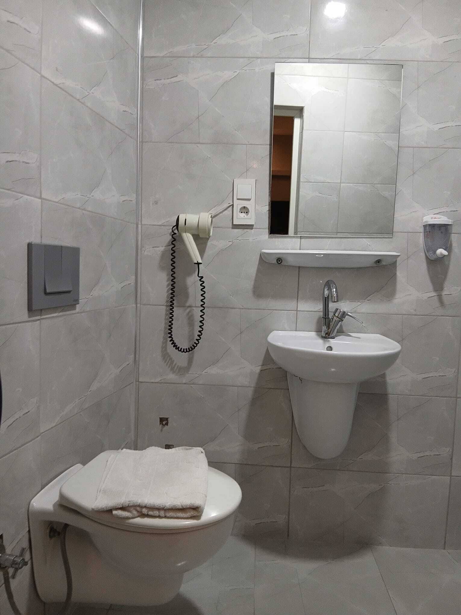Un baño con inodoro, lavamanos, espejo y secador de pelo.
