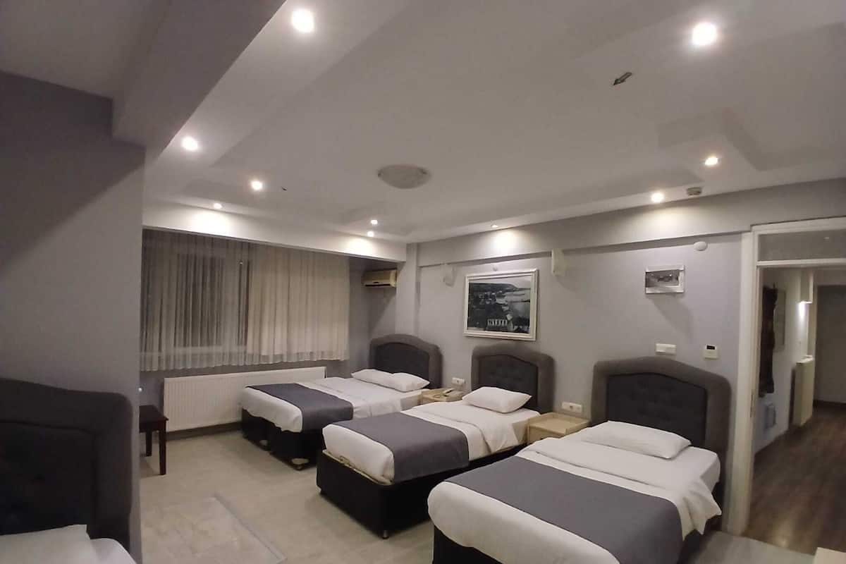 Habitación de hotel con dos camas, una ventana con cortinas, un cuadro enmarcado en la pared y una puerta que da a otra habitación.