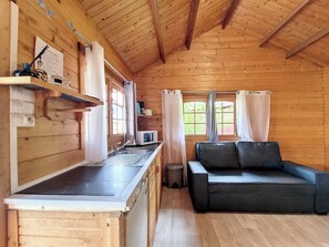 Interior de una cabaña de madera con kitchenette, un sofá y una ventana con cortinas.