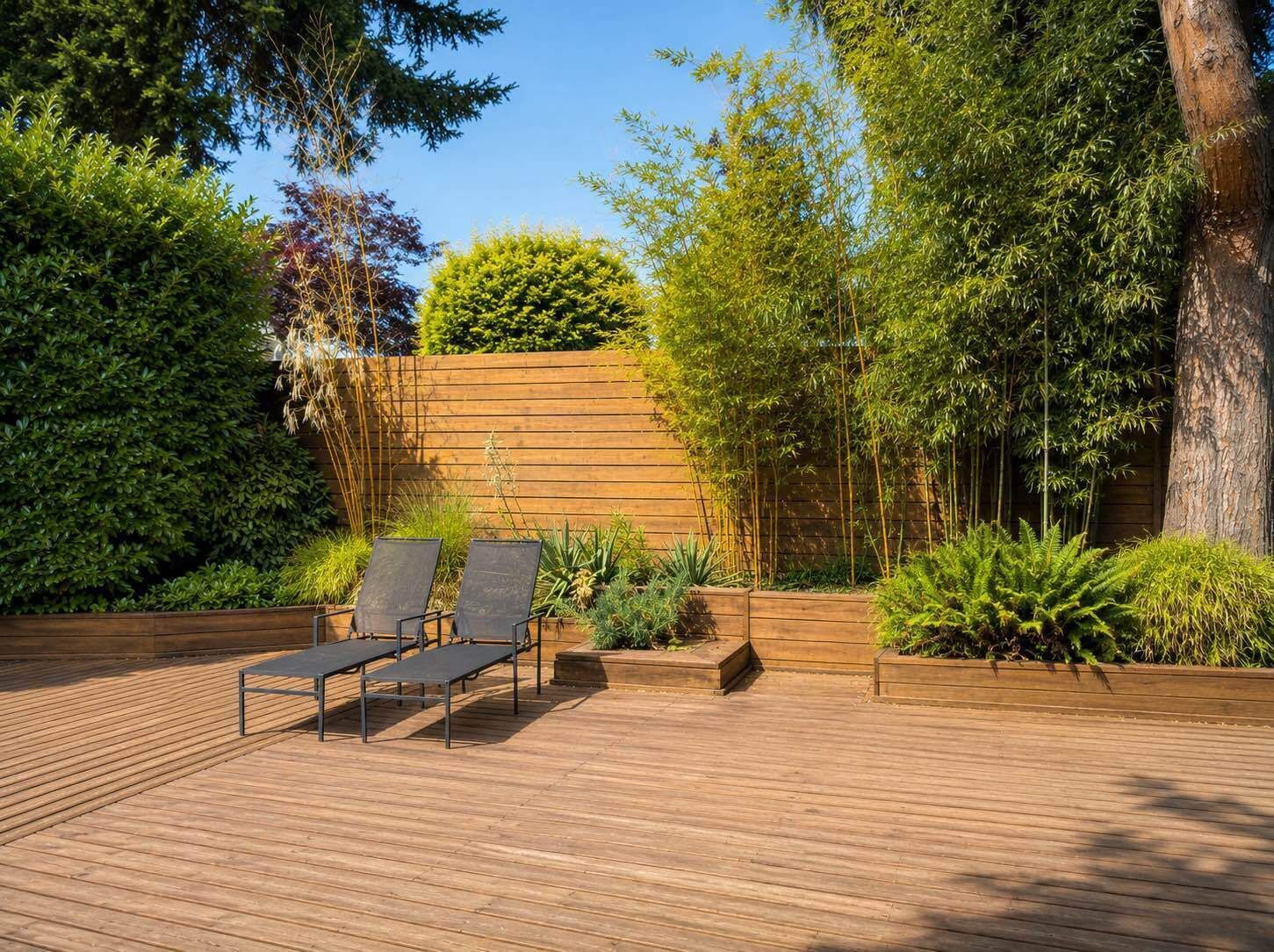 A wooden deck with two lounge chairs, surrounded by lush greenery and a wooden wall.