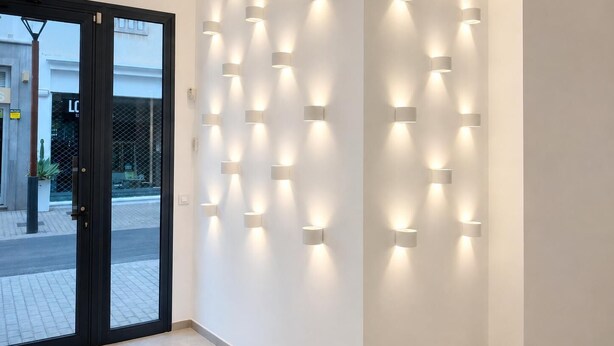Un couloir avec une porte en verre, des murs blancs et des luminaires encastrés.