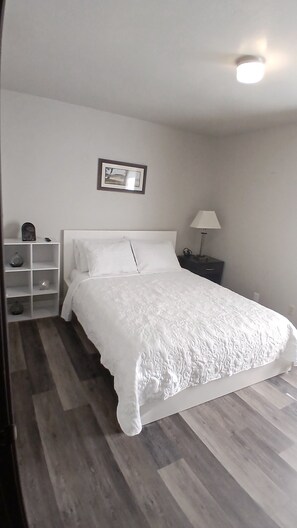 Un dormitorio con cama, una mesita de noche, una lámpara, un estante con objetos decorativos y un cuadro en la pared.