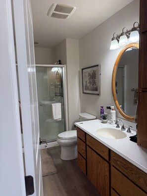 Een moderne badkamer met een douchecabine van glas, een wit toilet, een wastafelmeubel met spiegel en een wastafel.