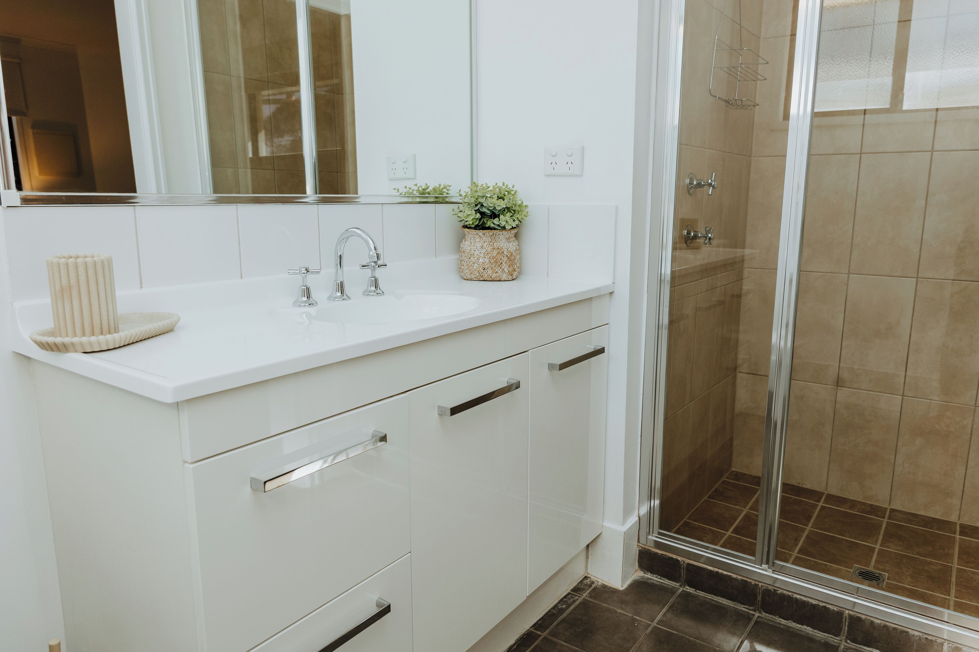 A modern bathroom with a white vanity, a glass shower enclosure, and a potted plant on the counter.