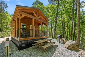 A wooden cabin with a porch, picnic table, and grill area, surrounded by trees. - Nantahala Ridge (Bryson City)