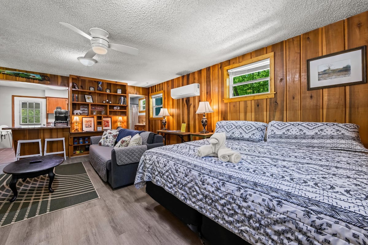 A room with a bed, a sofa, a desk, and a ceiling fan.