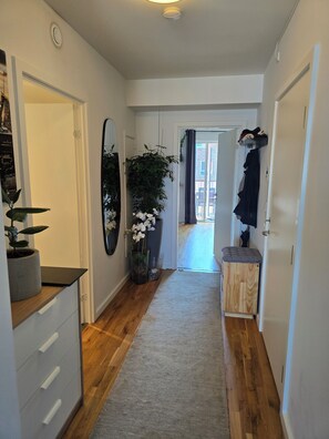 Um corredor com piso de madeira, tapete cinza, planta em vaso, espelho, porta-casacos e porta que dá para outro quarto.