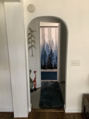 A hallway with a door leading to a room, a small rug on the floor, and a wall with a nature-themed painting.