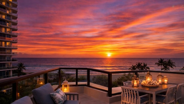 A sunset view from a balcony with a dining area, outdoor seating, and a view of the ocean. - Beautiful beachfront villa (Hollywood)
