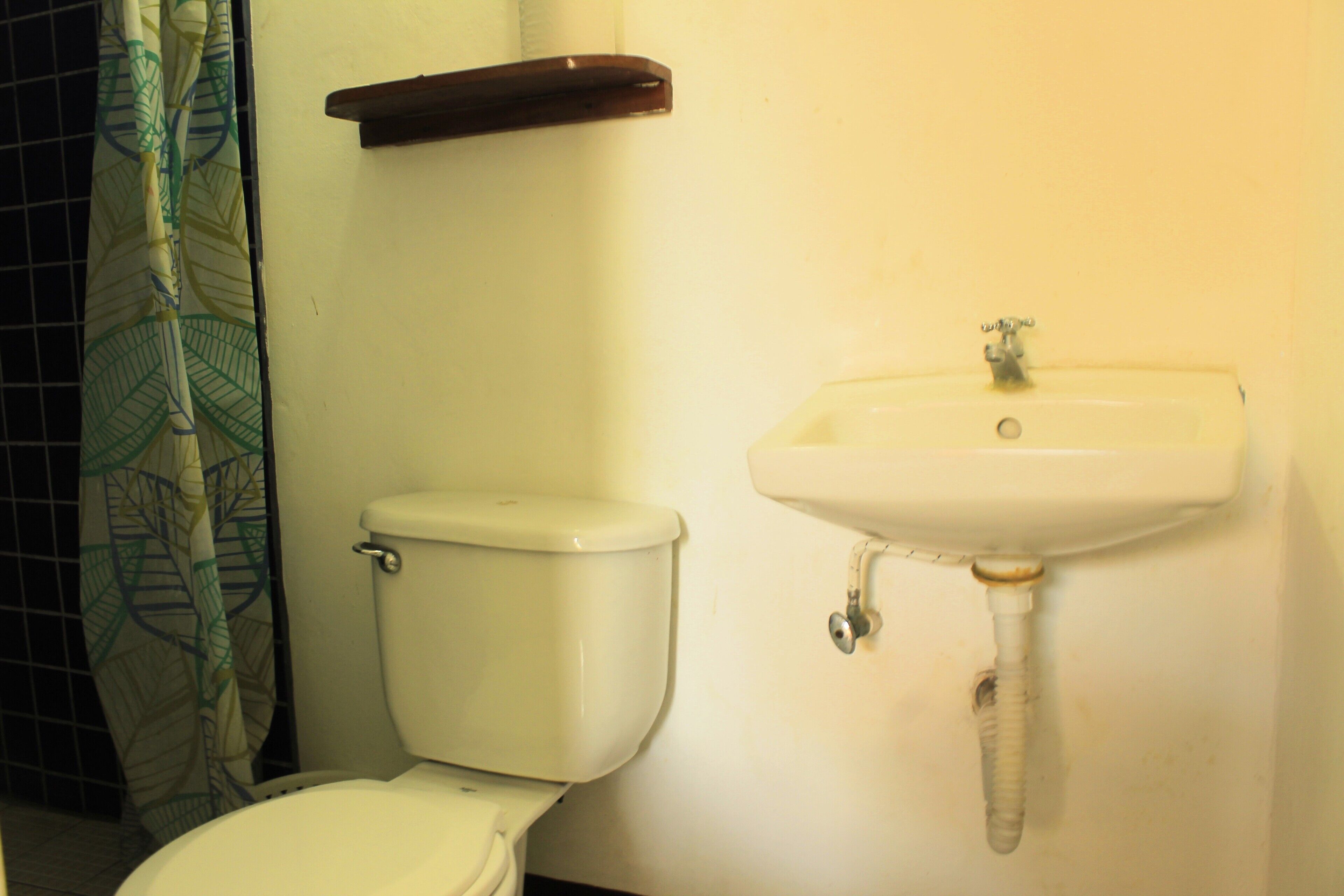 Une salle de bain avec des toilettes et un lavabo.
