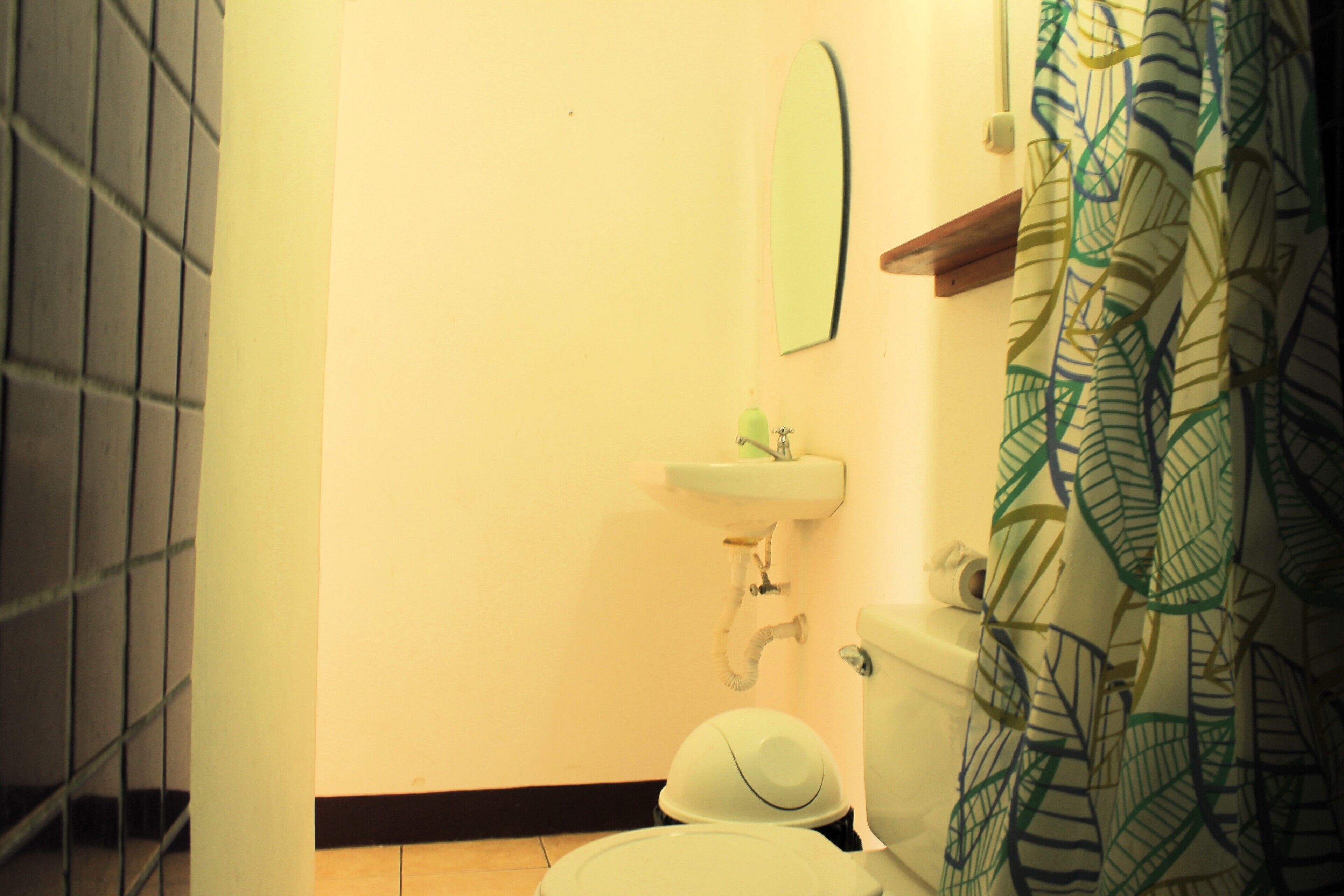 A bathroom with a toilet, sink, mirror, and shower curtain.