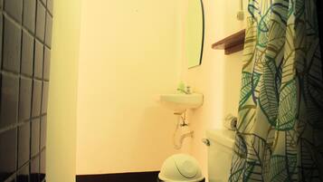 A bathroom with a toilet, sink, mirror, and shower curtain.