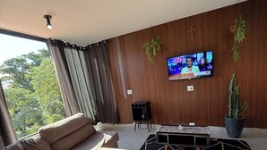 A modern living room with a sofa, a coffee table, a TV, and a potted plant. - House with infinity pool in Serra de Cantareira (Caieiras)