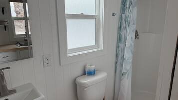 A bathroom with a toilet, sink, and shower.