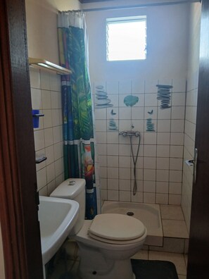 Ein kleines Badezimmer mit Toilette, Waschbecken, Dusche und einem Fenster.