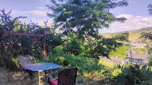 Un jardin avec une table et des chaises, entouré de verdure et offrant une vue sur une ville lointaine.