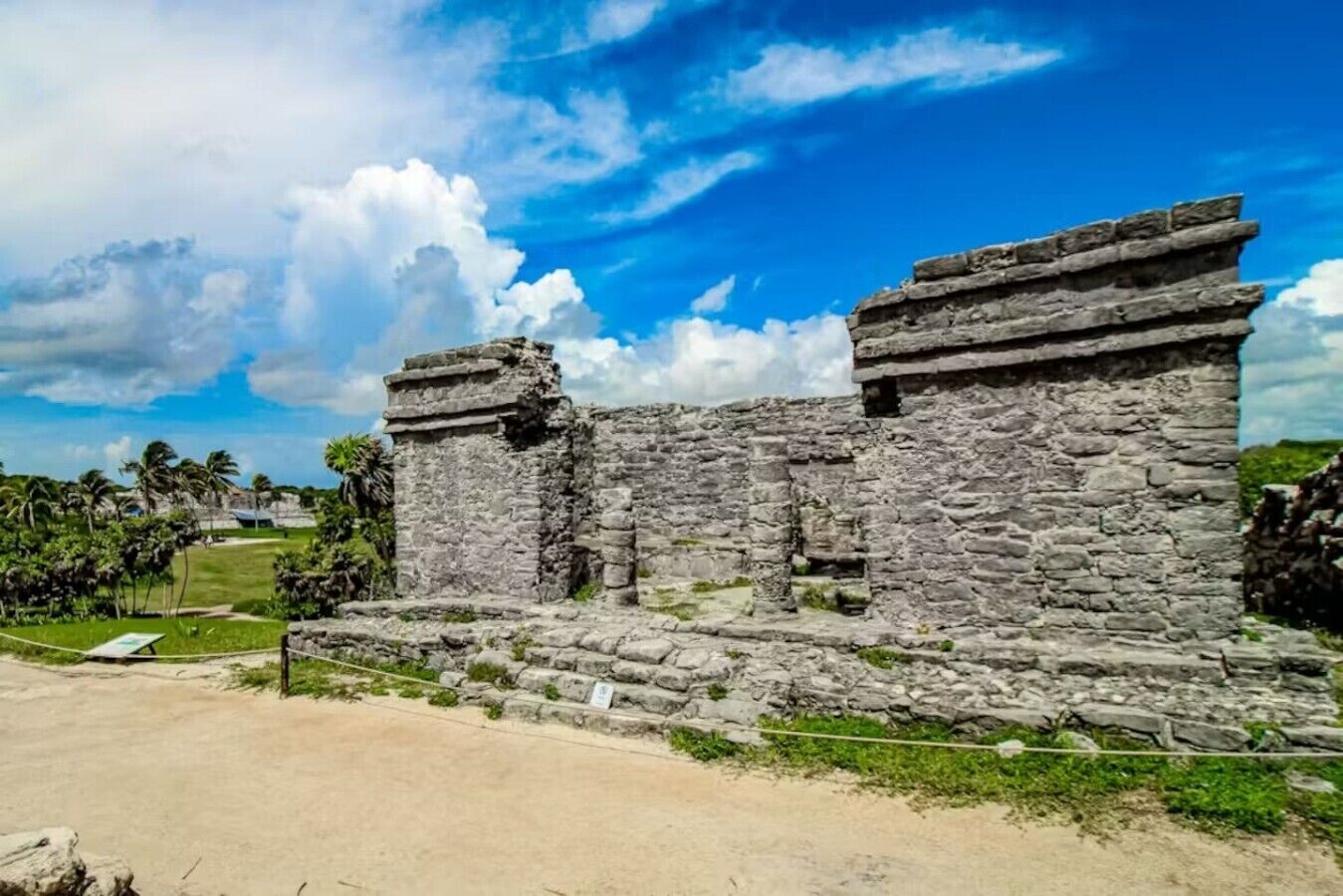 Ancient stone ruins with a clear sky.