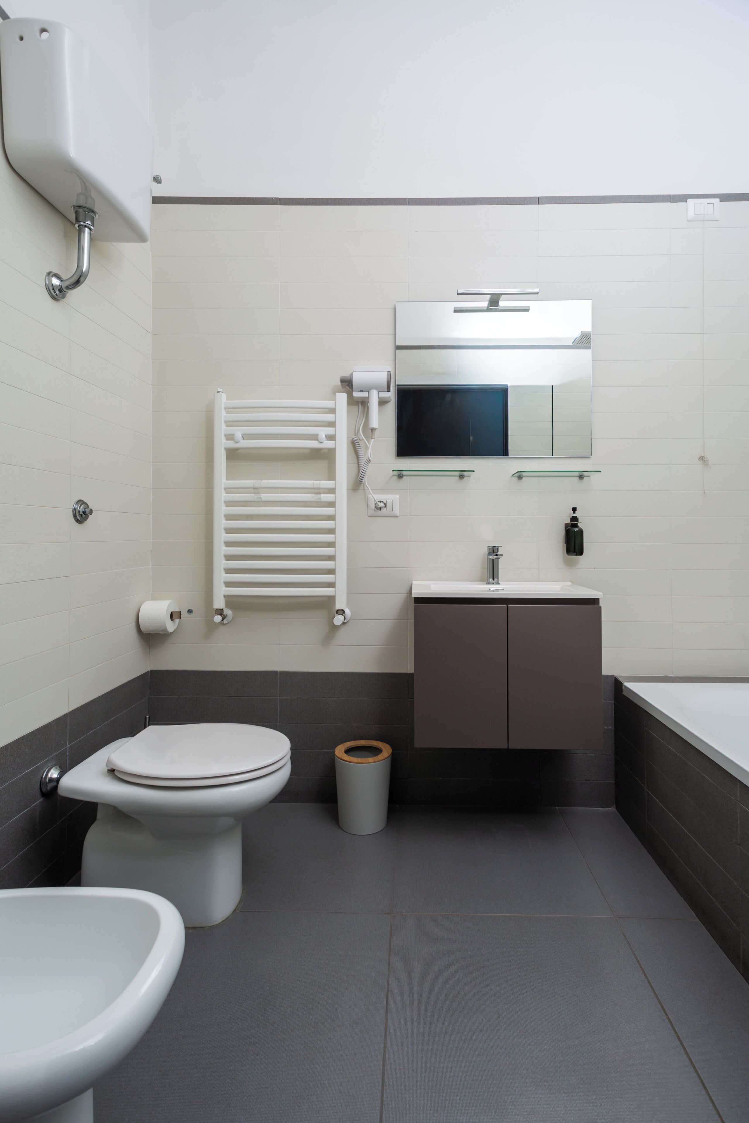 A bathroom with a toilet, bidet, sink, mirror, and towel rack.