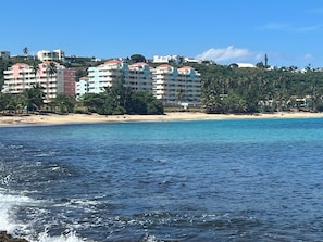 A coastal hotel with multiple floors, beachfront location, and palm trees. - Ocean Sunset Lover (Isabela)