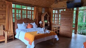Una habitación tipo cabaña de madera con una cama, un televisor, una silla de madera y una mesita.