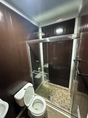 A bathroom with a shower enclosure, a toilet, and a sink.