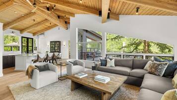 Smart TV, fireplace, books, stereo