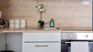 A kitchen with white cabinets, a stainless steel sink, a dish rack, and a stove. - International Business (Pau)