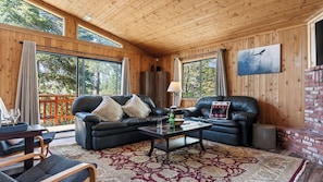 Ein Interieur einer Holzhütte mit zwei Ledersofas, einem Couchtisch und einem Teppich.