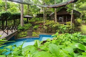 Piscina cercada por vegetação exuberante, estruturas de madeira e uma galeria coberta.