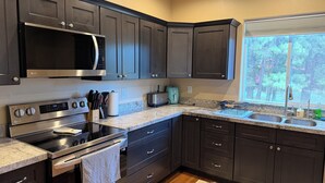 Une cuisine moderne avec des meubles de couleur sombre, des appareils en acier inoxydable et une fenêtre donnant sur la forêt.