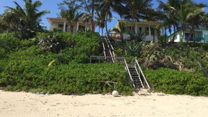 Ein Strandgrundstück mit einer Treppe, die zu einem Gebäude führt, umgeben von üppiger Vegetation und Palmen.
