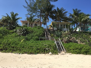 Ein Strandgrundstück mit einer Treppe, die zu einem Gebäude führt, umgeben von üppiger Vegetation und Palmen.