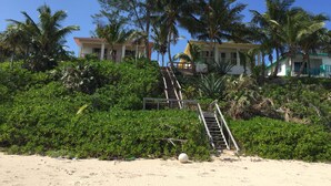 Una propiedad frente a la playa con una escalera que conduce a un edificio, rodeada de abundante vegetación y palmeras.