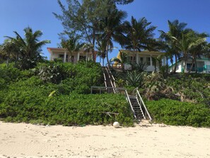 Ein Strandgrundstück mit einer Treppe, die zu einem Gebäude führt, umgeben von üppiger Vegetation und Palmen.
